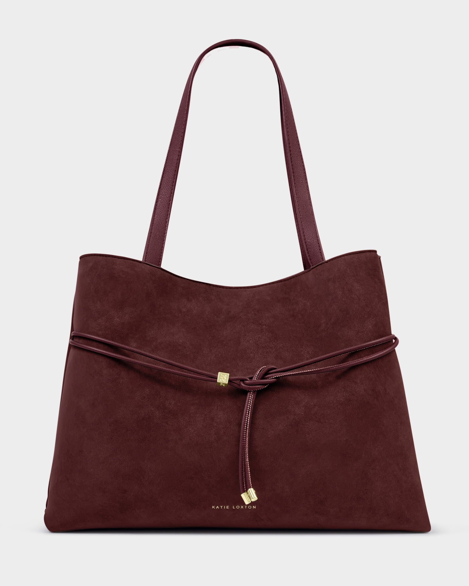 Katie Loxton Lori Tote Bag available in Bitter Chocolate Suedette and Cherry Suedette with a spacious everyday design.