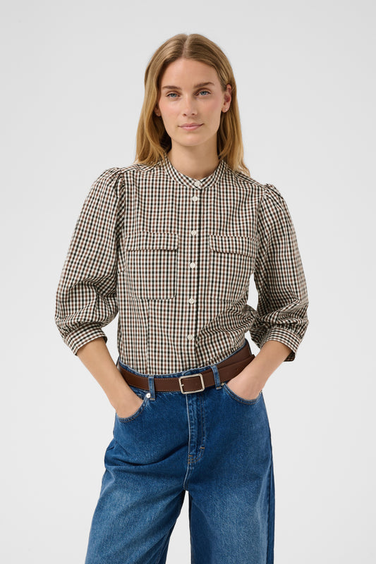 Part Two Chinette checkered shirt in downton brown check and blue jeans on a white background