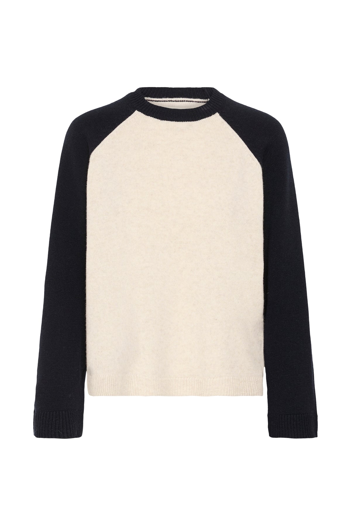 Part Two Cleo Pullover in Oatmeal and Navy colour block wool blend knit with raglan sleeves