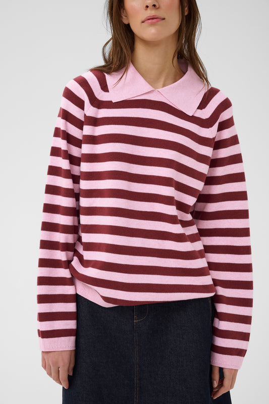 Inwear Madie Polo Knit with light and bright pink stripes