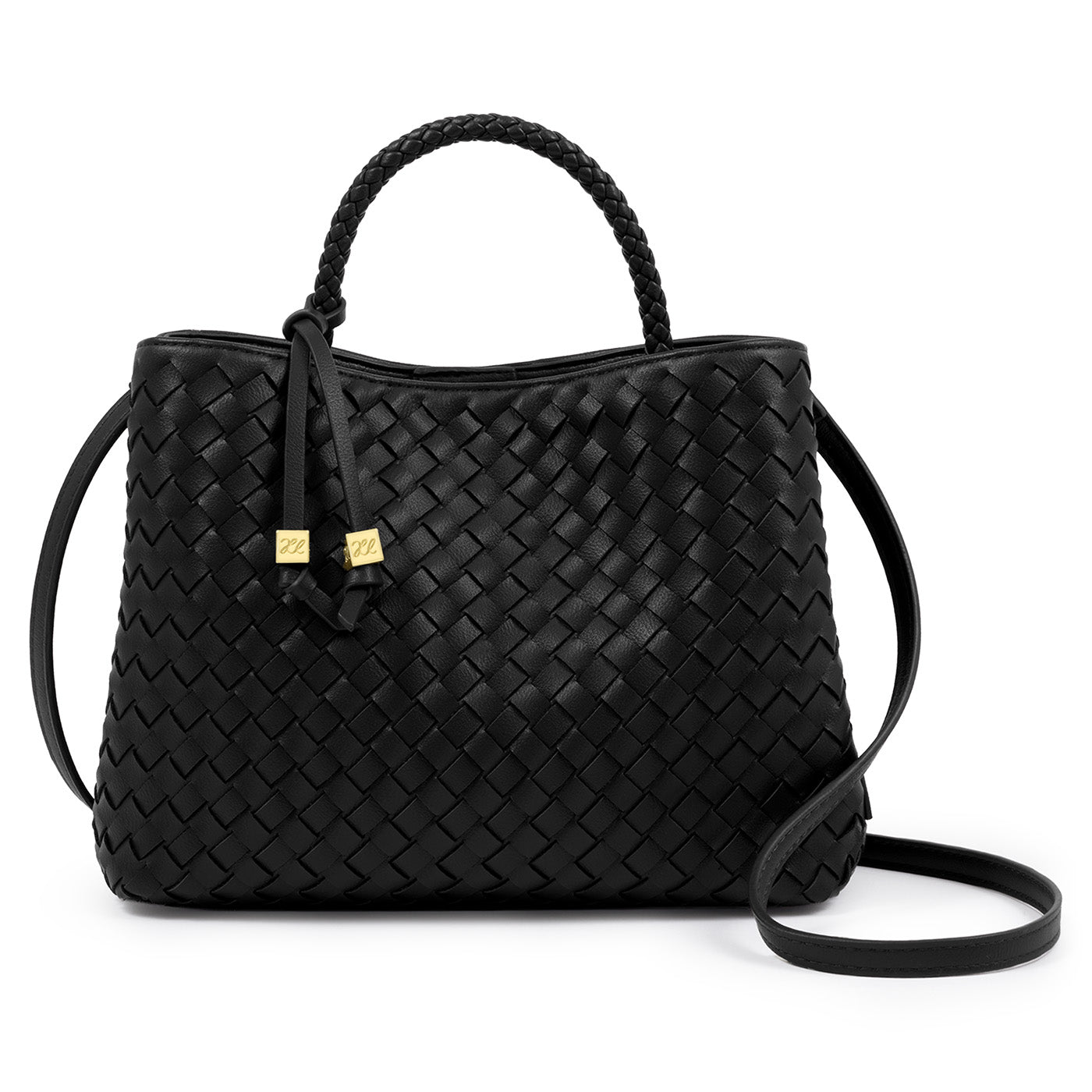 Katie Loxton Nova Black woven handbag with a strap on a light gray background