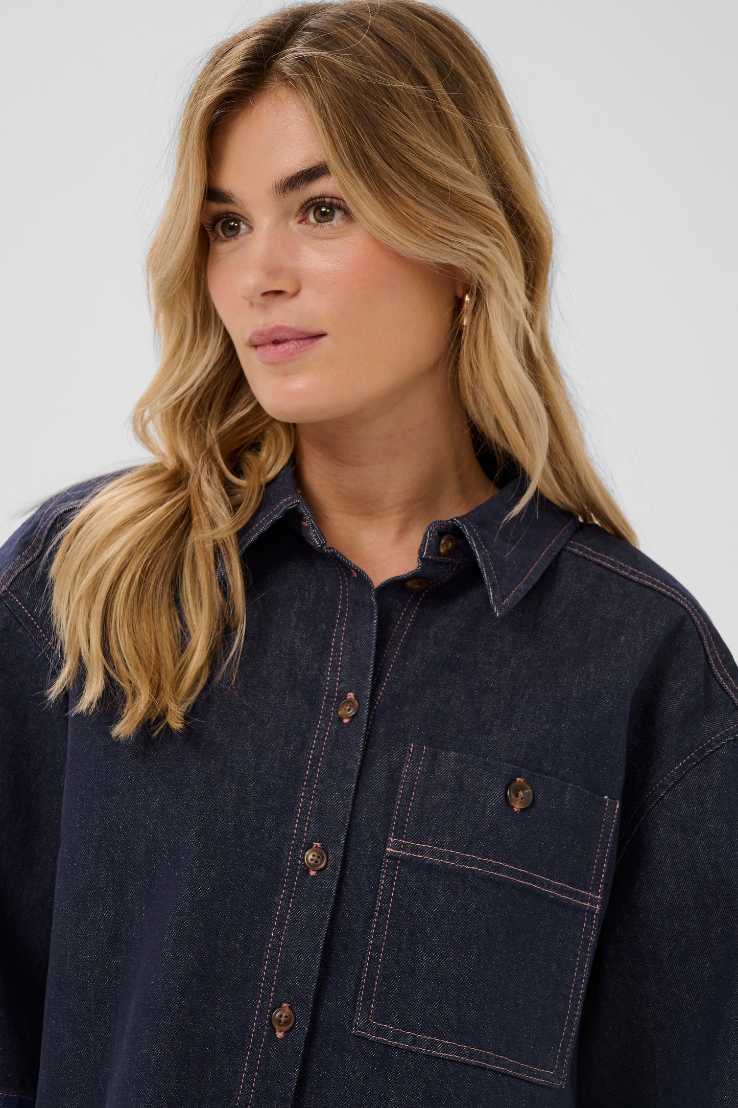 Woman wearing the Saint Tropez Denim Posey Shirt