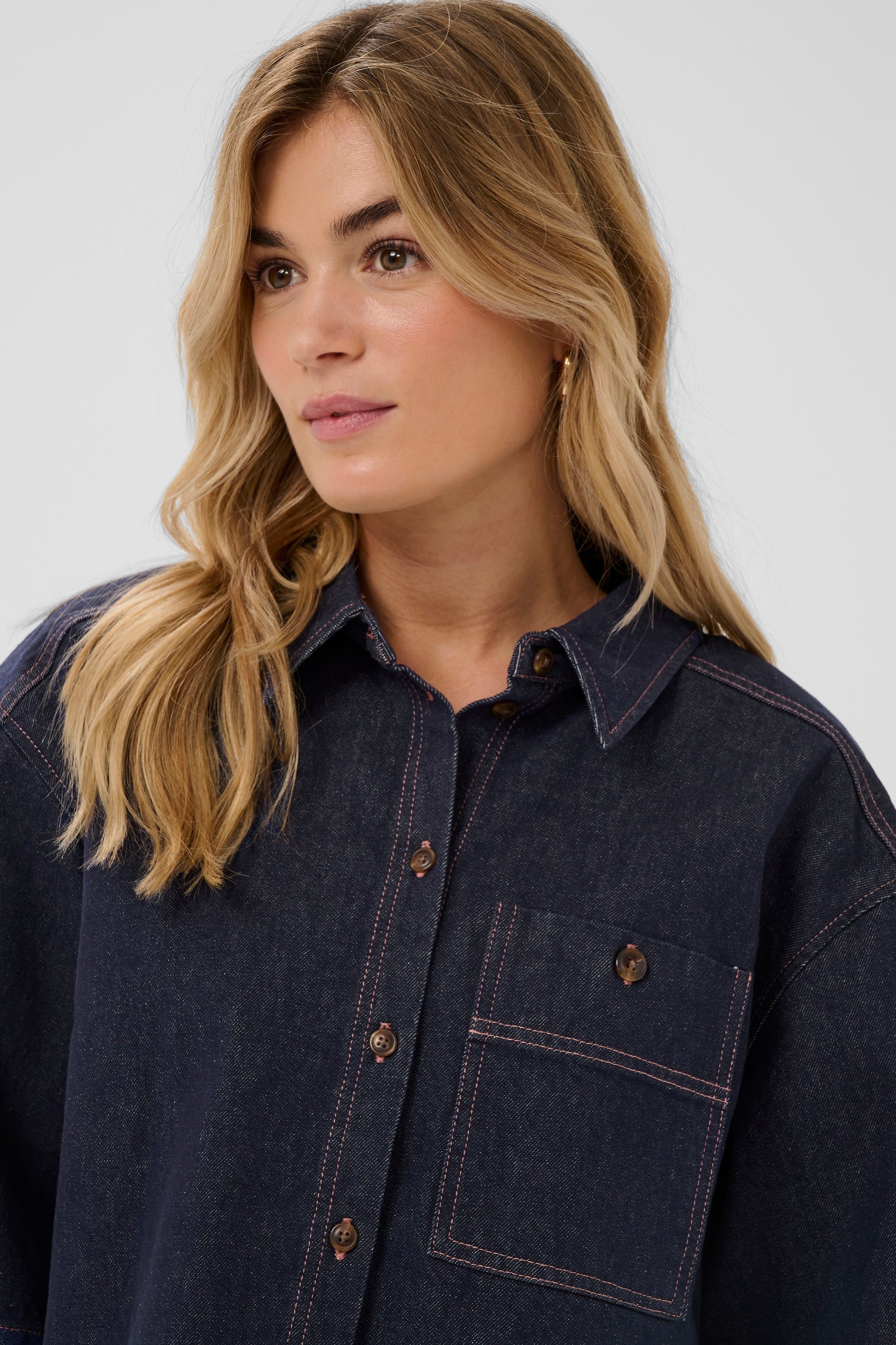 Woman wearing the Saint Tropez Denim Posey Shirt