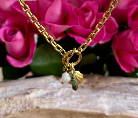 Ocean Ripples 18ct gold plated T-bar bracelet with shell, freshwater pearl and bead charms