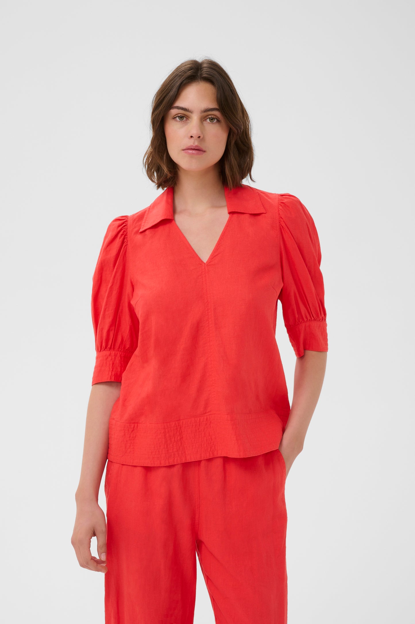 Inwear Poppy Red blouse with puff sleeves on a white background