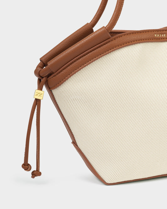 florence tote bag with white canvas and brown leather trimming