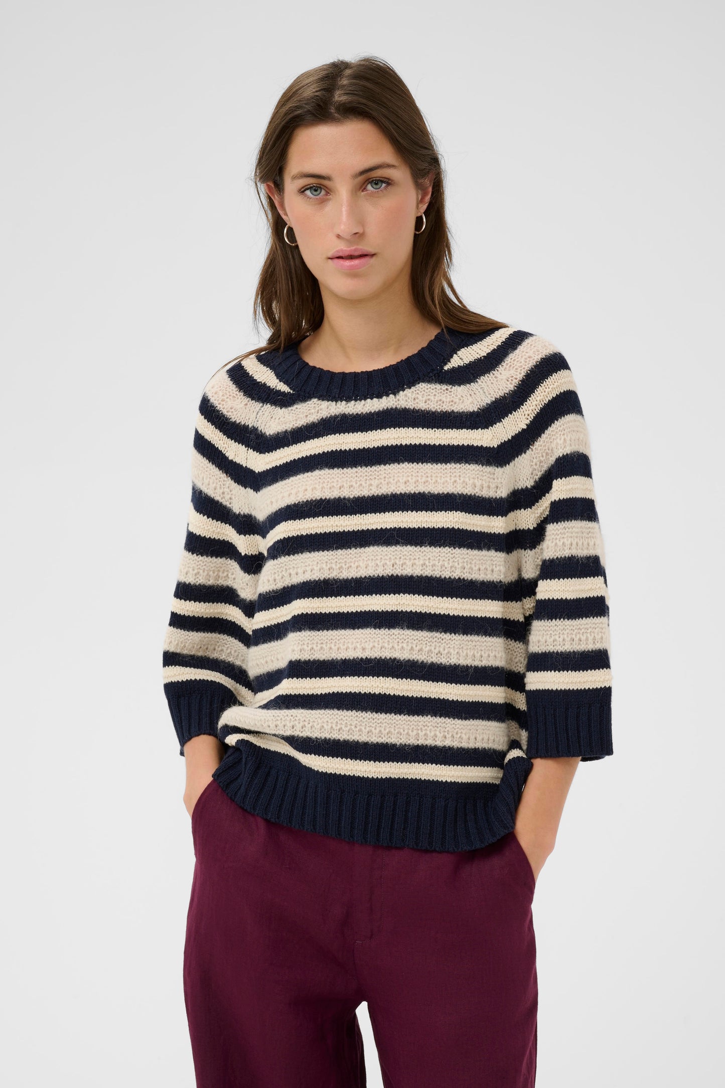Woman wearing the Part Two Anny Short Sleeved Jumper in cream with blue stripes