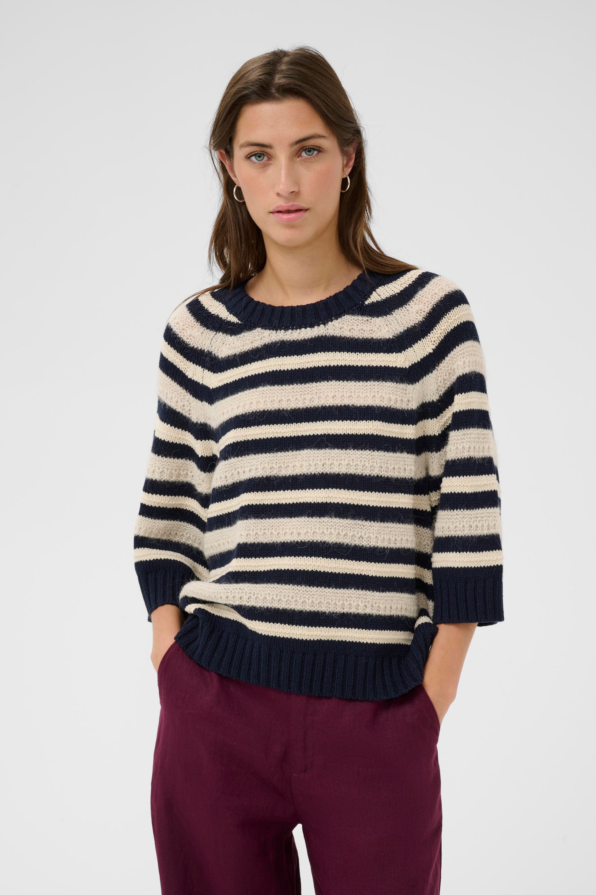 Woman wearing the Part Two Anny Short Sleeved Jumper in cream with blue stripes