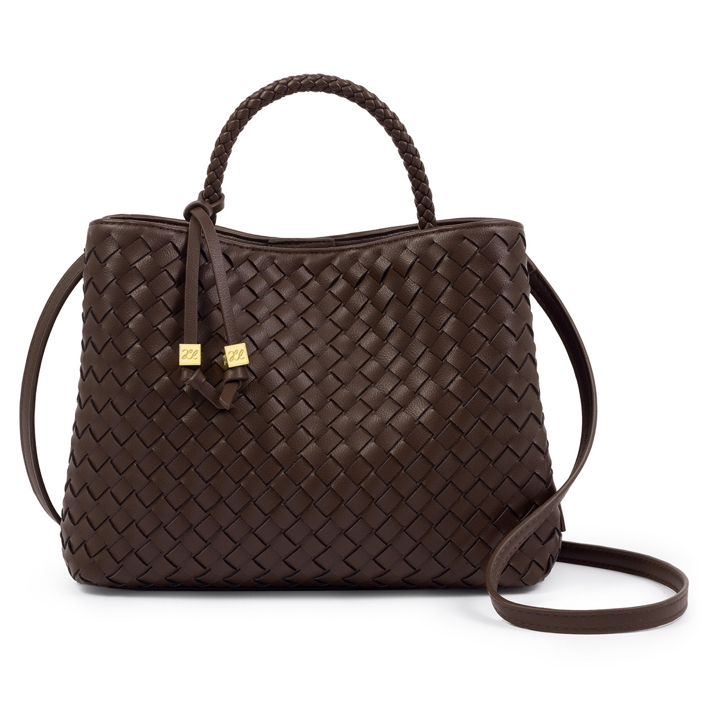 Katie Loxton Nova Brown woven handbag with a strap on a light gray background