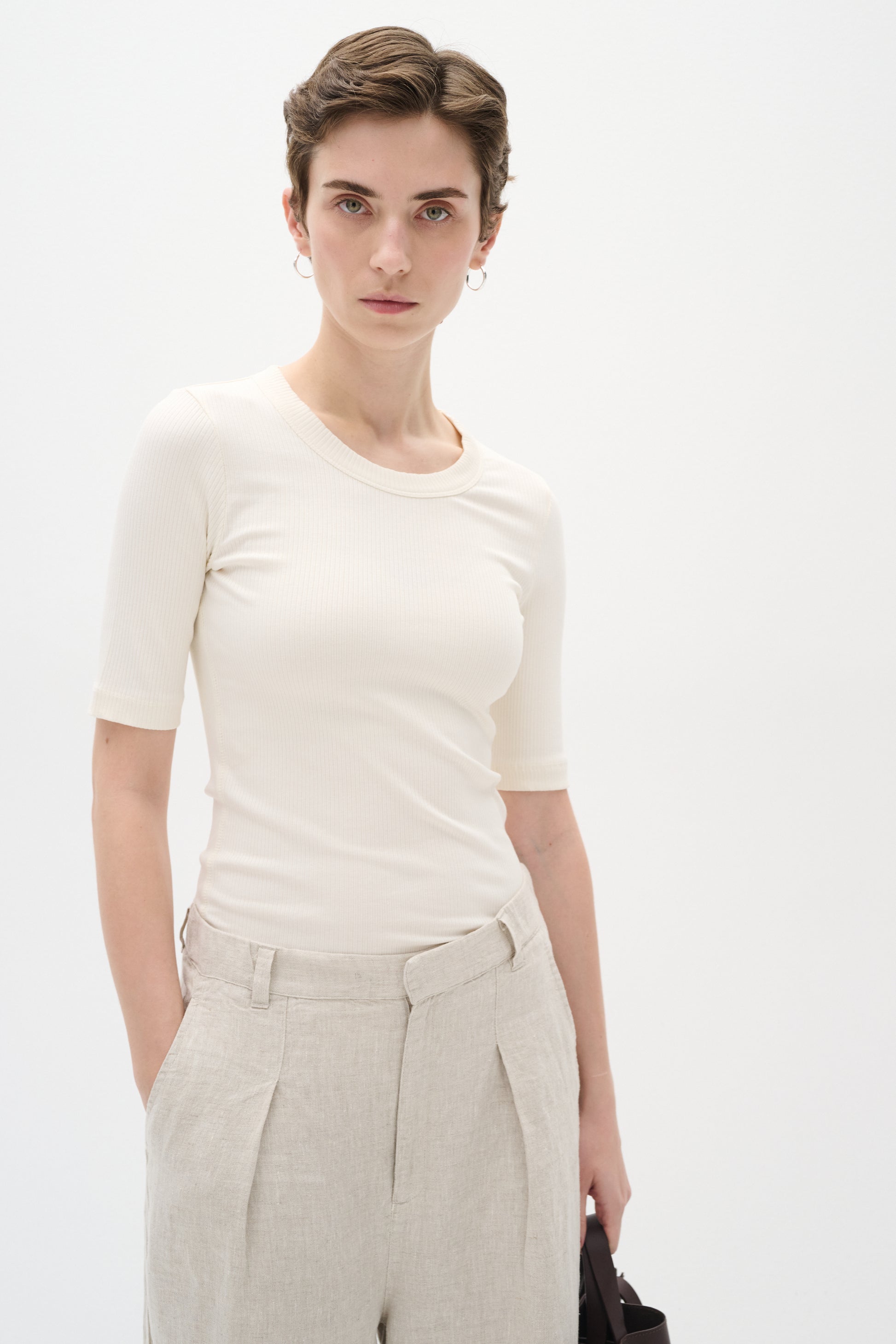 InWear Dagna Ribbed T-shirt in white.  Elbow length sleeves and crew neck