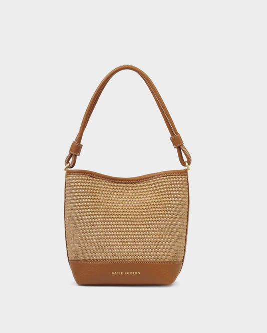 SOrrento Bucket bag in natural raffia and cognac trim
