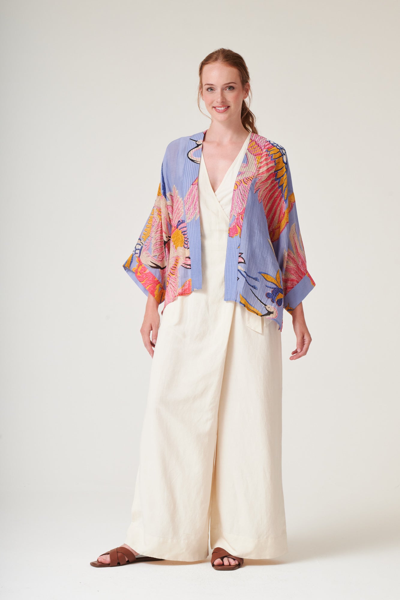 One Hundred Stars Crane Periwinkle Kimono lightweight printed kimono jacket