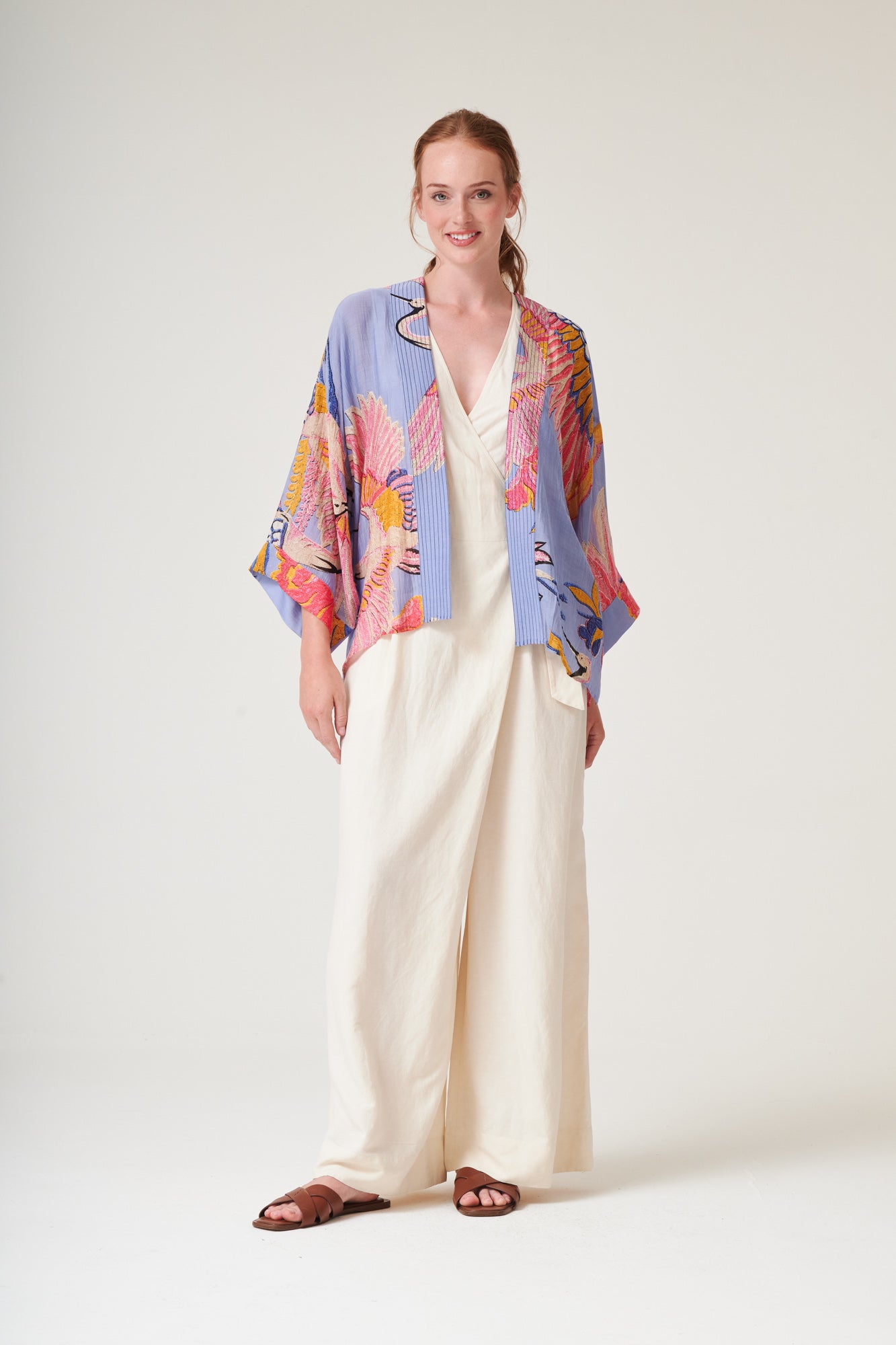 One Hundred Stars Crane Periwinkle Kimono lightweight printed kimono jacket