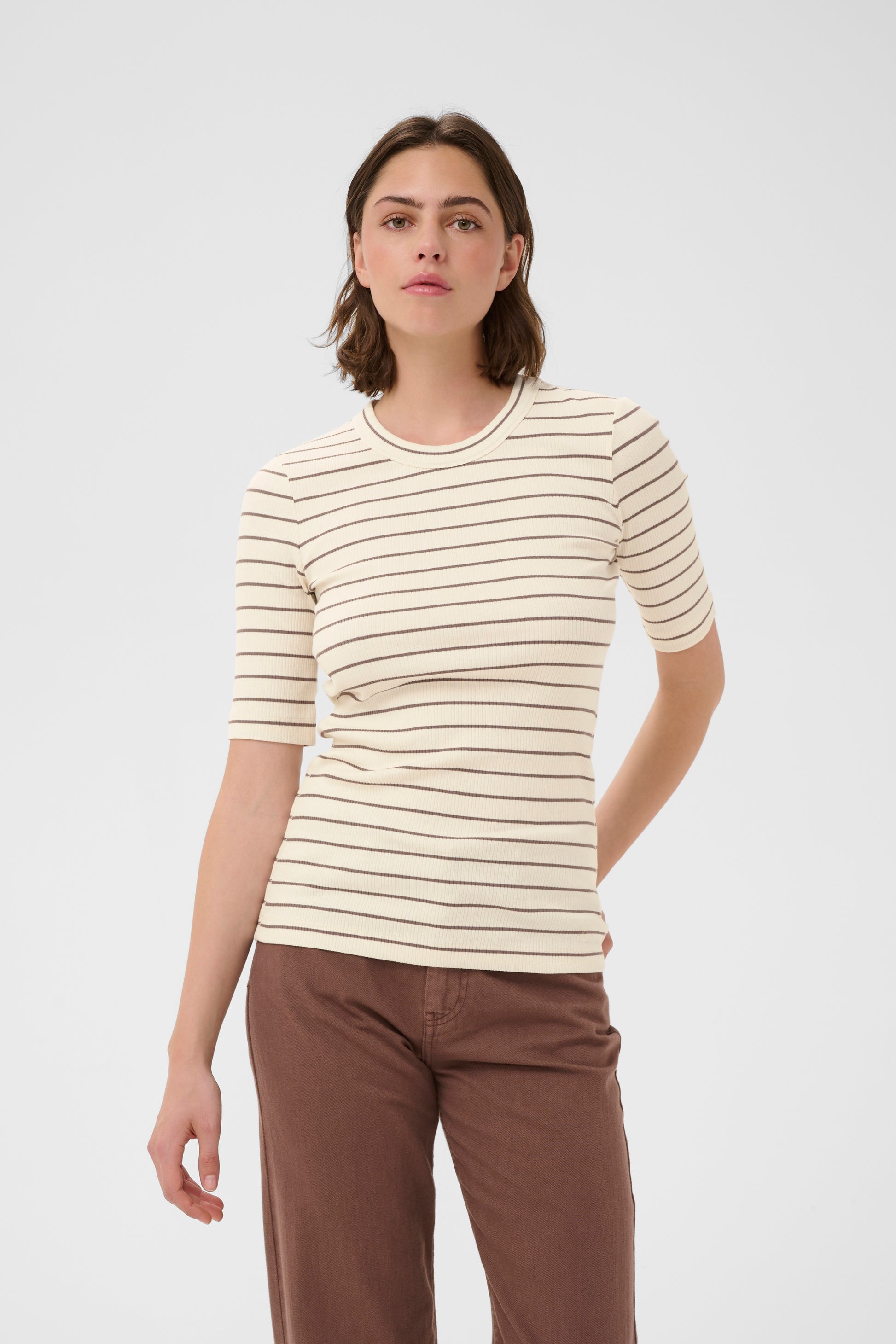 Inwear Dagnal T-shirt in vanilla with a brown stripe through it