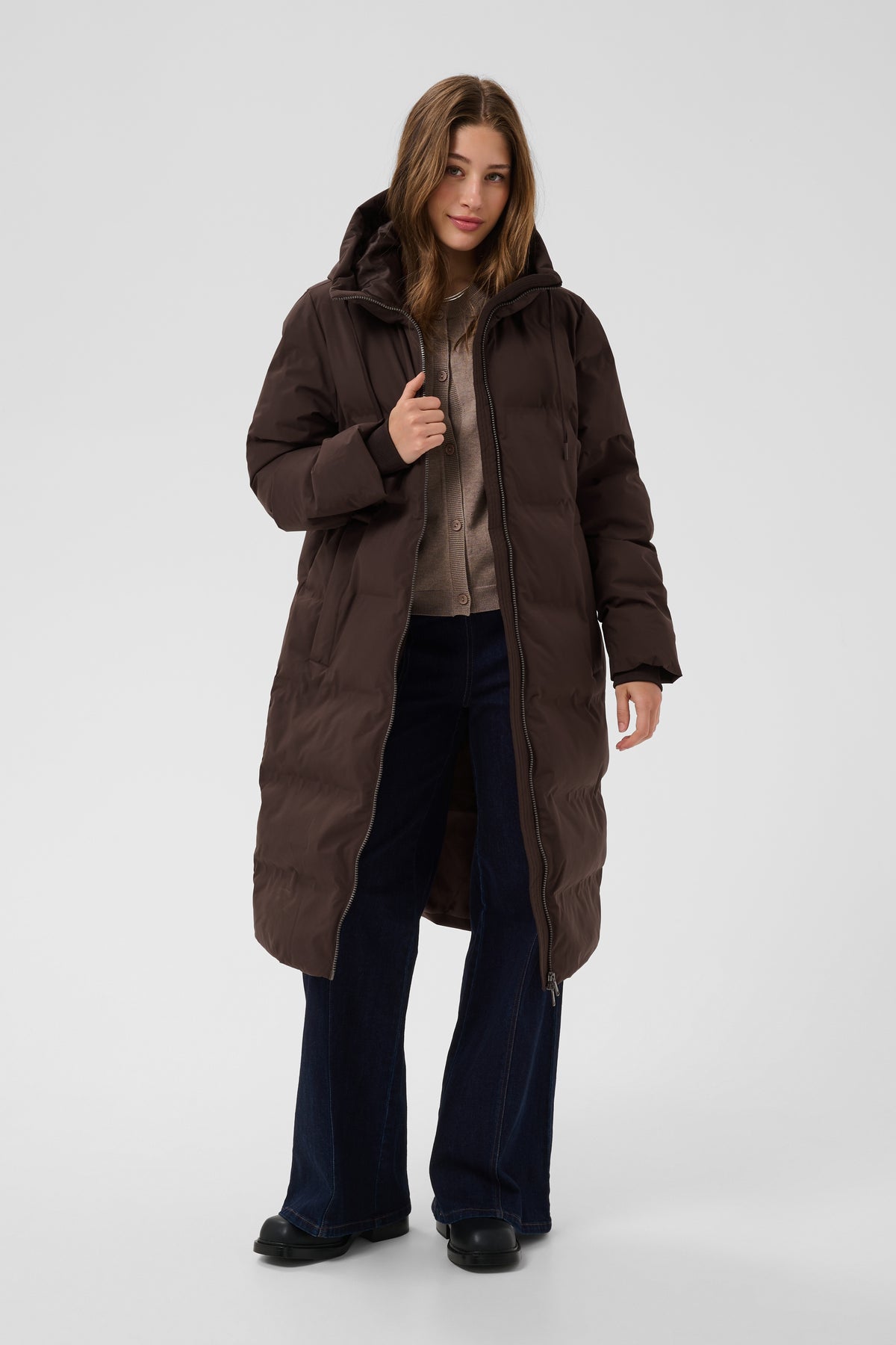 Saint Tropez  Midi puffa coat in brown with hood