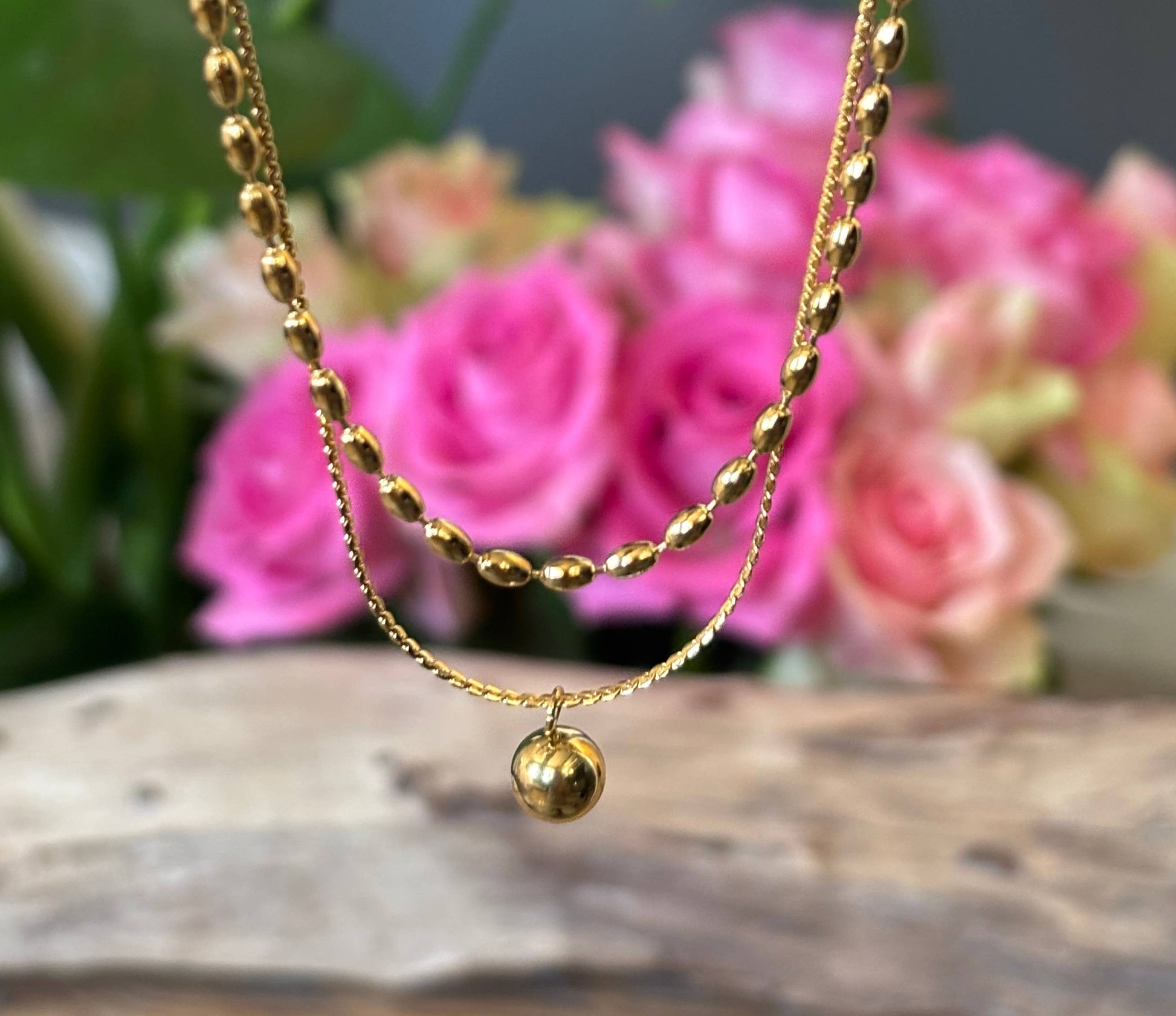 18ct Gold Plated Ball Pendant Double Chain Necklace - Default Title