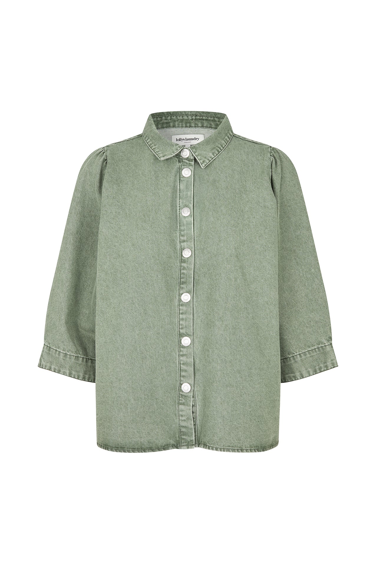 Lollys Laundry Dusty Green Shirt with 3/4 length sleeves.