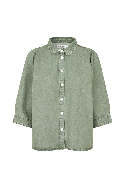Lollys Laundry Dusty Green Shirt with 3/4 length sleeves.