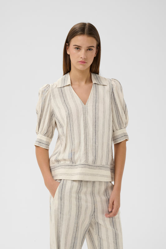Inwear Matress Stripe blouse with puff sleeves on a model