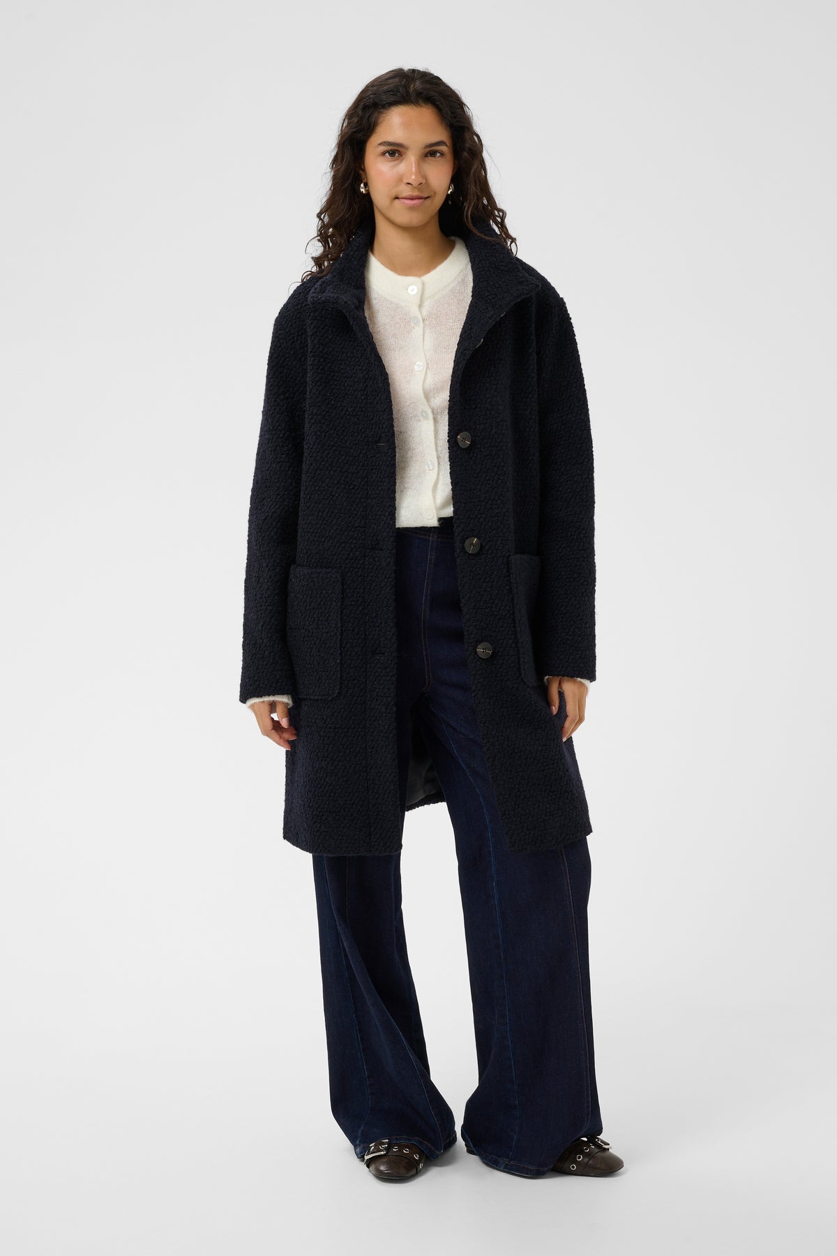 Saint Tropez Black wool coat with large pockets and funnel neck