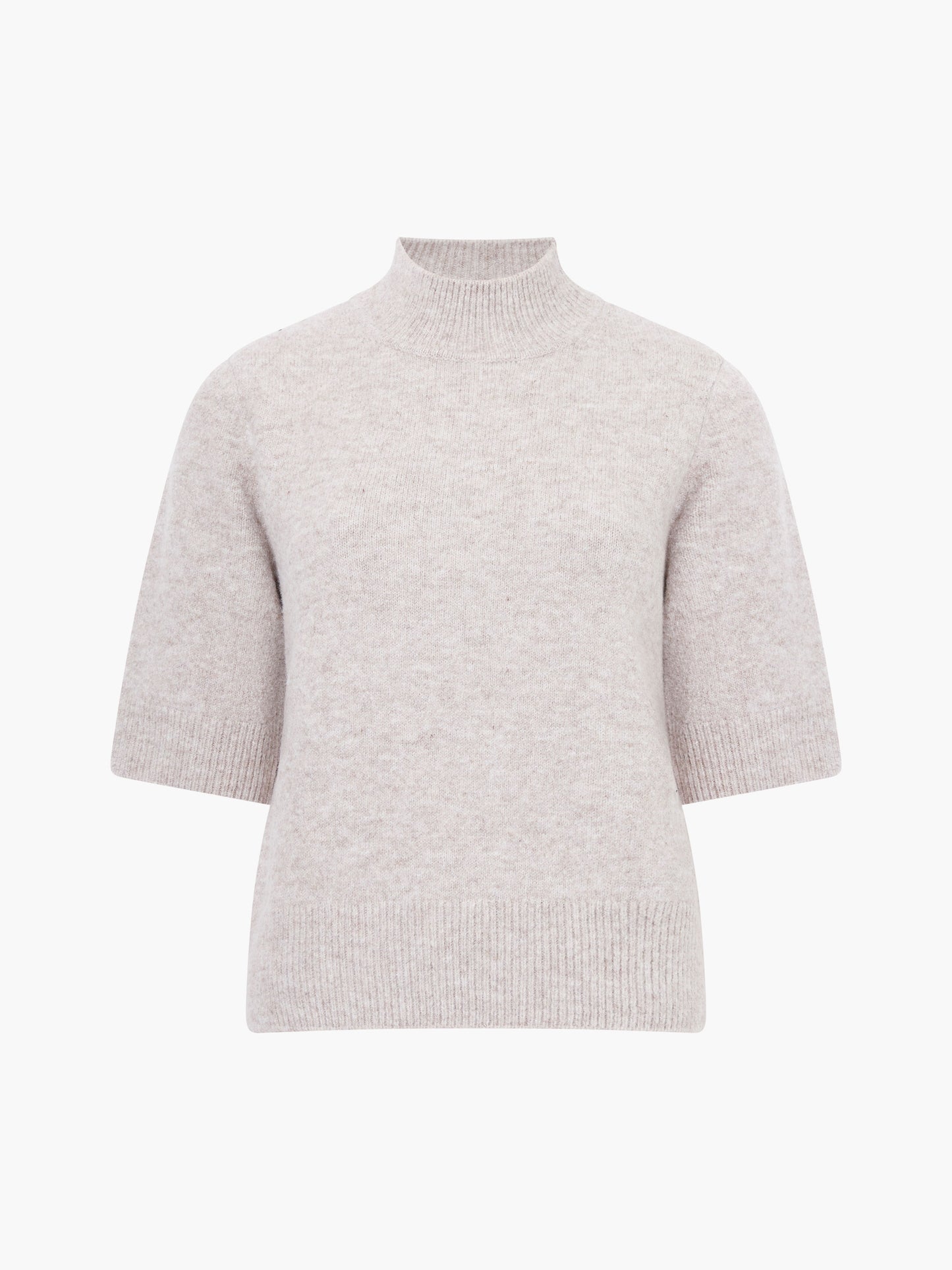 
French Connection mock neck almond coloured short sleeved jumper with a white background