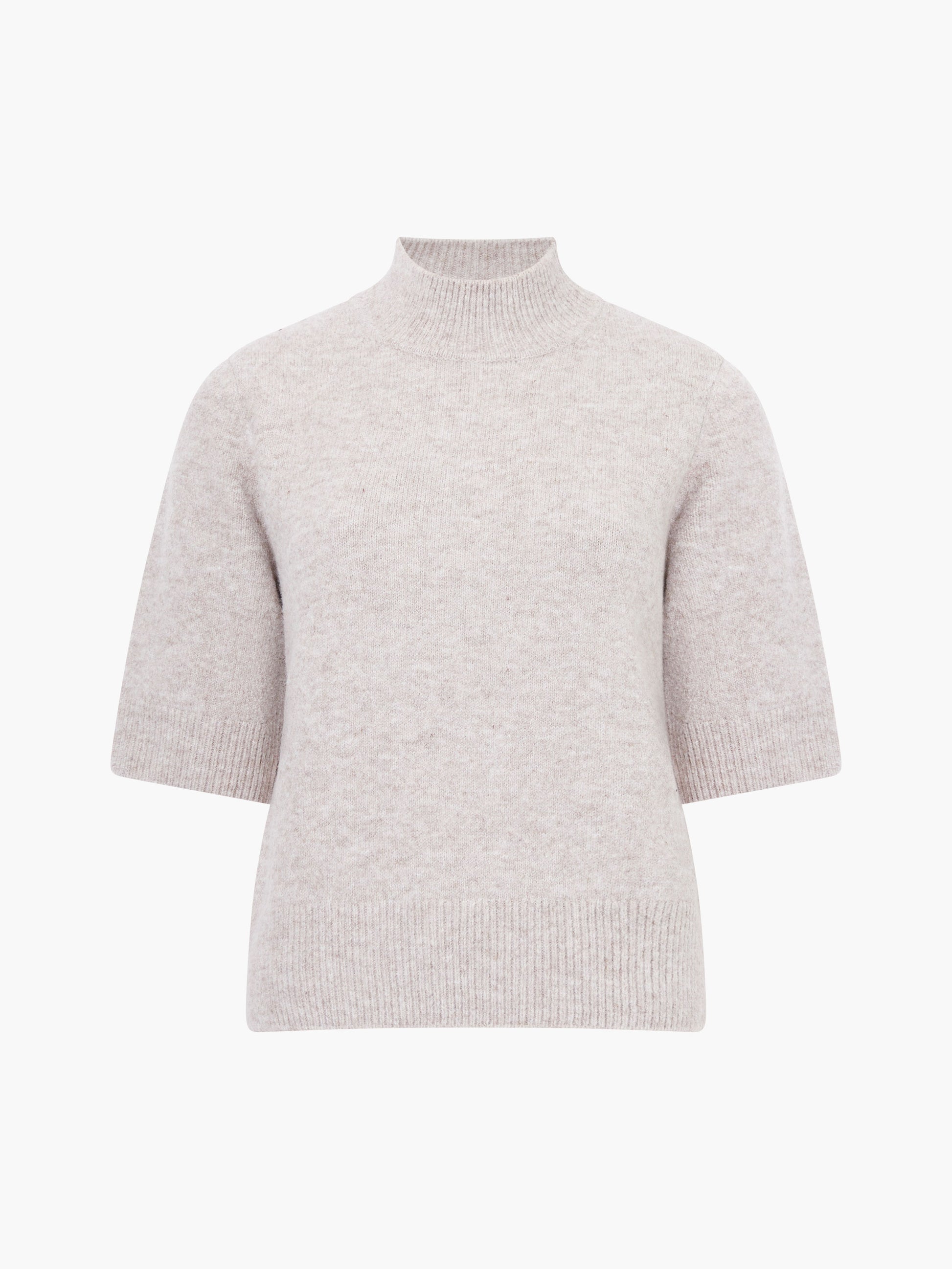
French Connection mock neck almond coloured short sleeved jumper with a white background