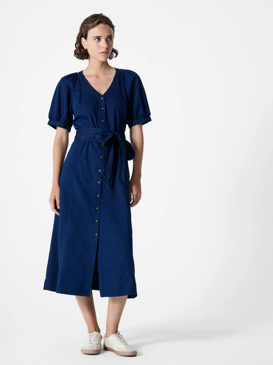 Woman wearing a dark blue maxi button through dress with V -Neck, short sleeves and tie waist.