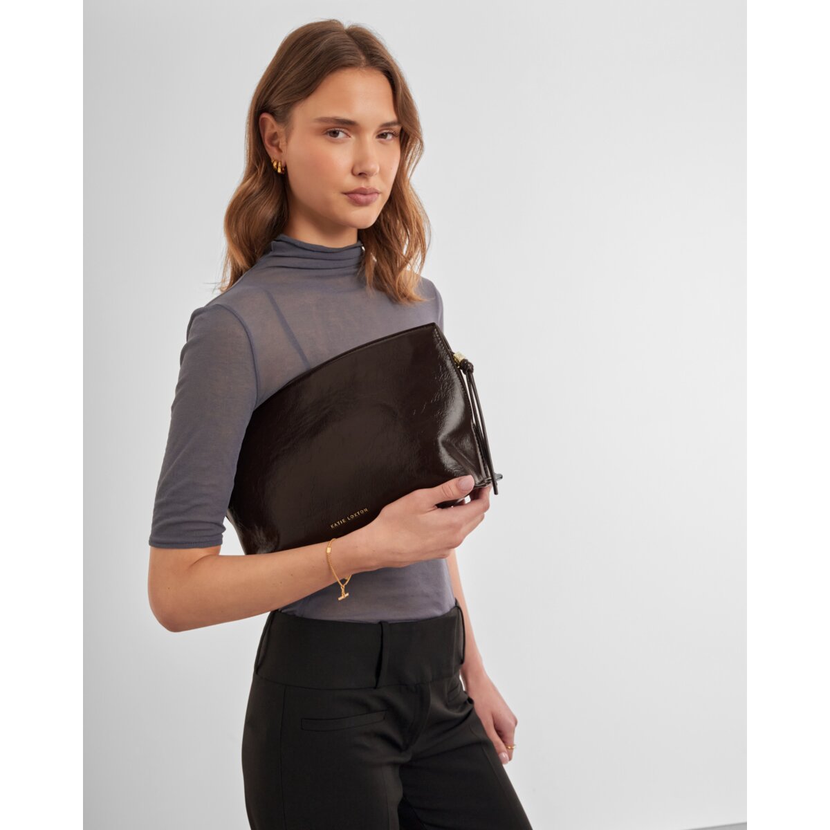 Katie Loxton Freya Clutch in Taupe Suedette and Bitter Chocolate Patent Crackle