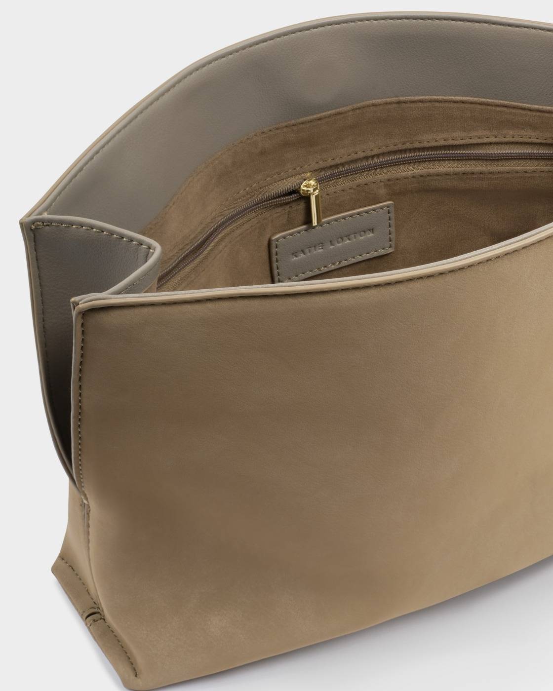 Katie Loxton Freya Clutch in Taupe Suedette and Bitter Chocolate Patent Crackle