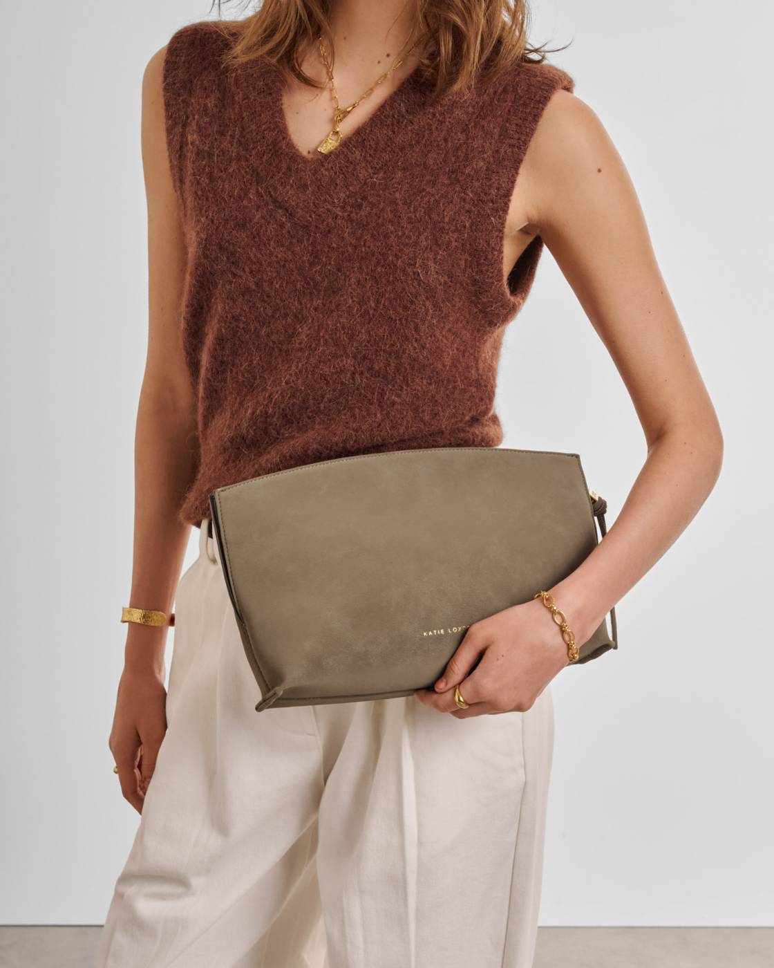 Katie Loxton Freya Clutch in Taupe Suedette and Bitter Chocolate Patent Crackle