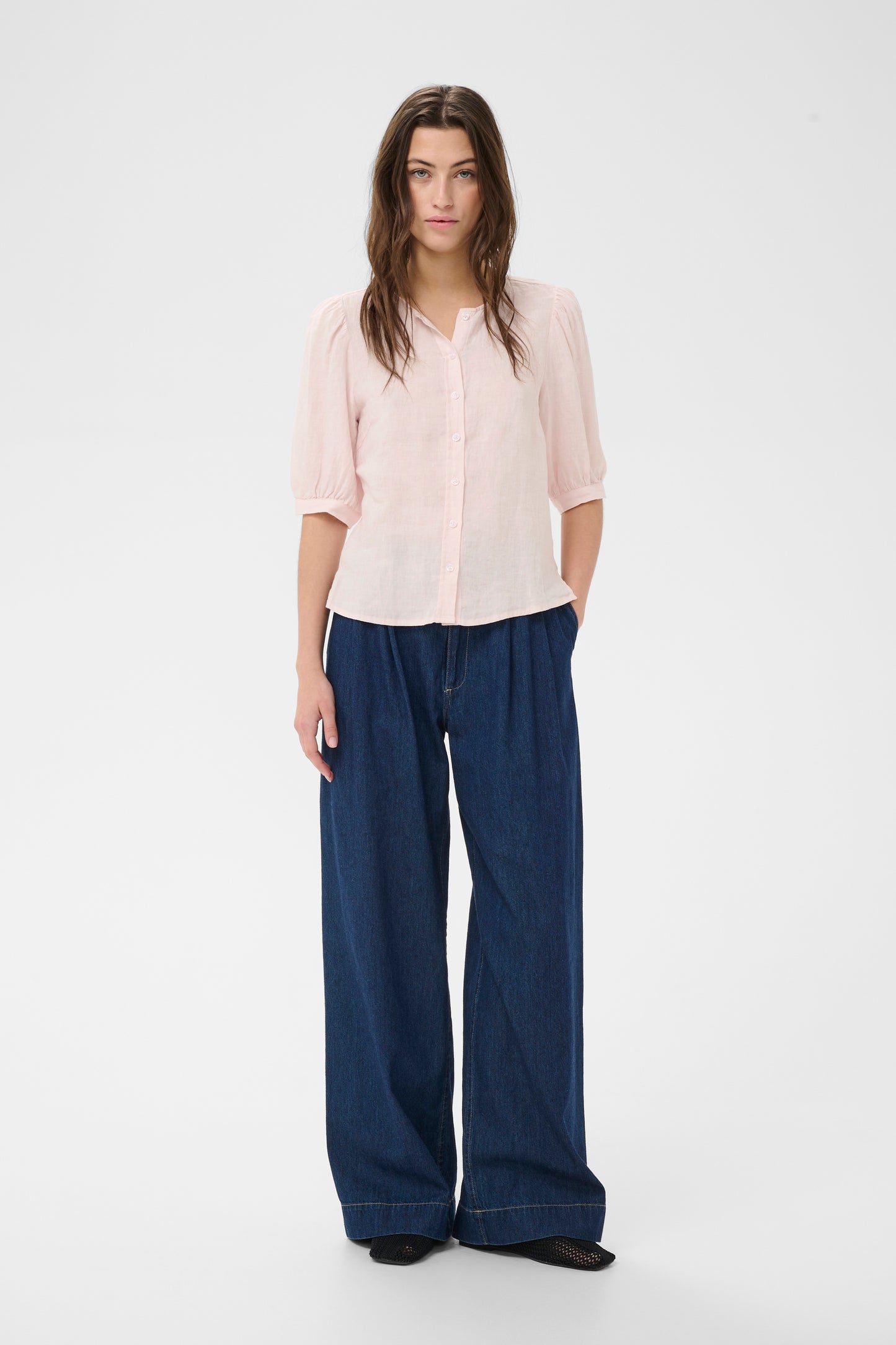 Part Two Azra 3/4 length sleeved linen blouse in mauve chalk colour