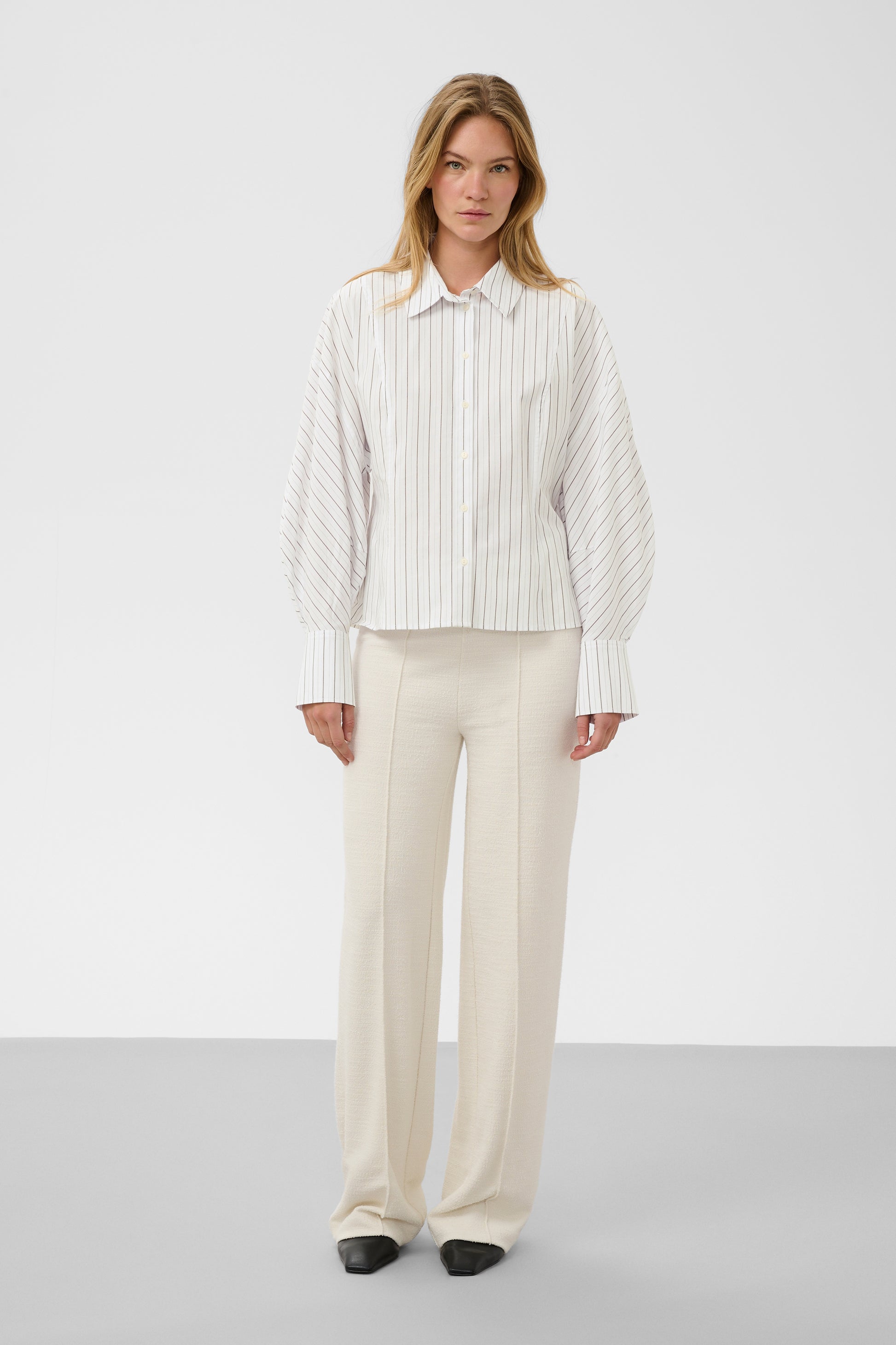 Soaked in Luxury Balloon sleeve white shirt with beige stripe
