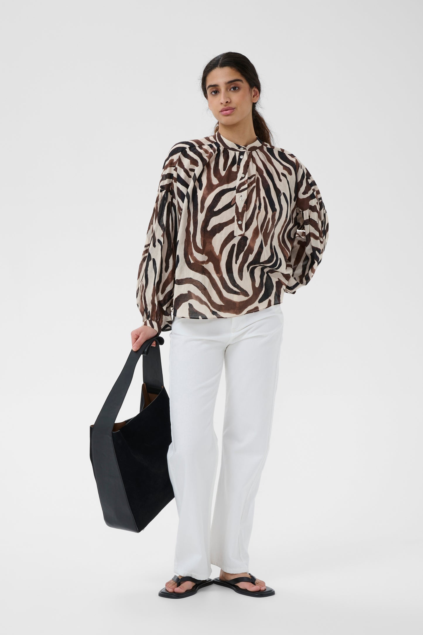 InWear Rosalie Blouse Haze Zebra neutral print with brown and black abstract stripes