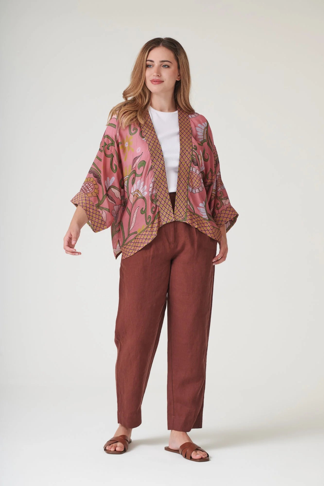 One Hundred Stars Giant Kantha Dusk Kimono featuring a striking botanical print in rich dusk tones.