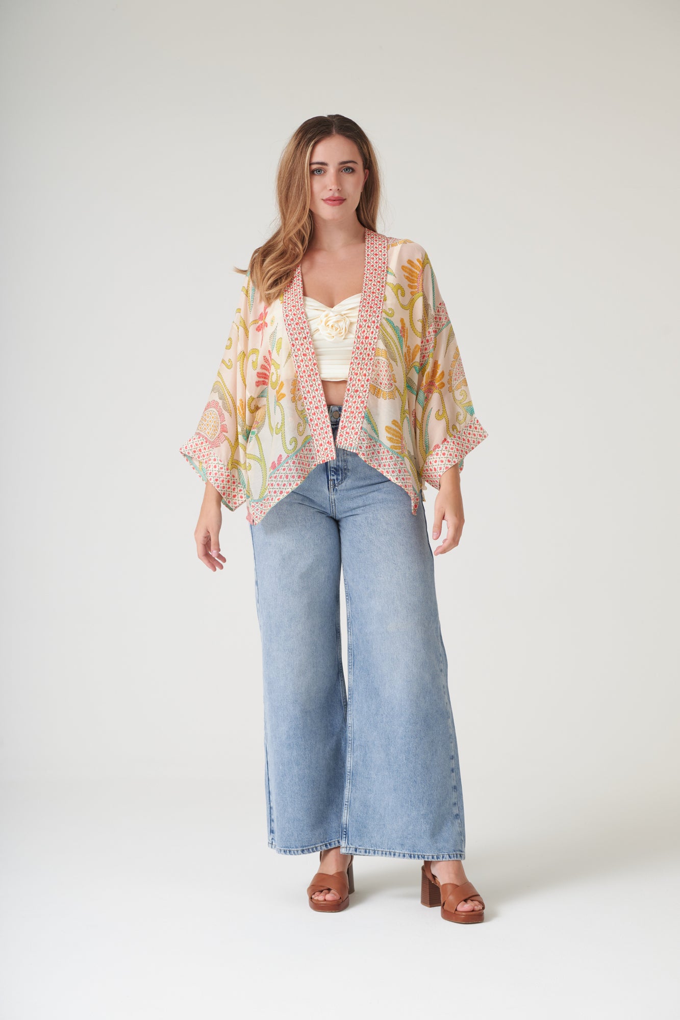 One Hundred Stars Giant Kantha Lime Kimono cream background lime print
