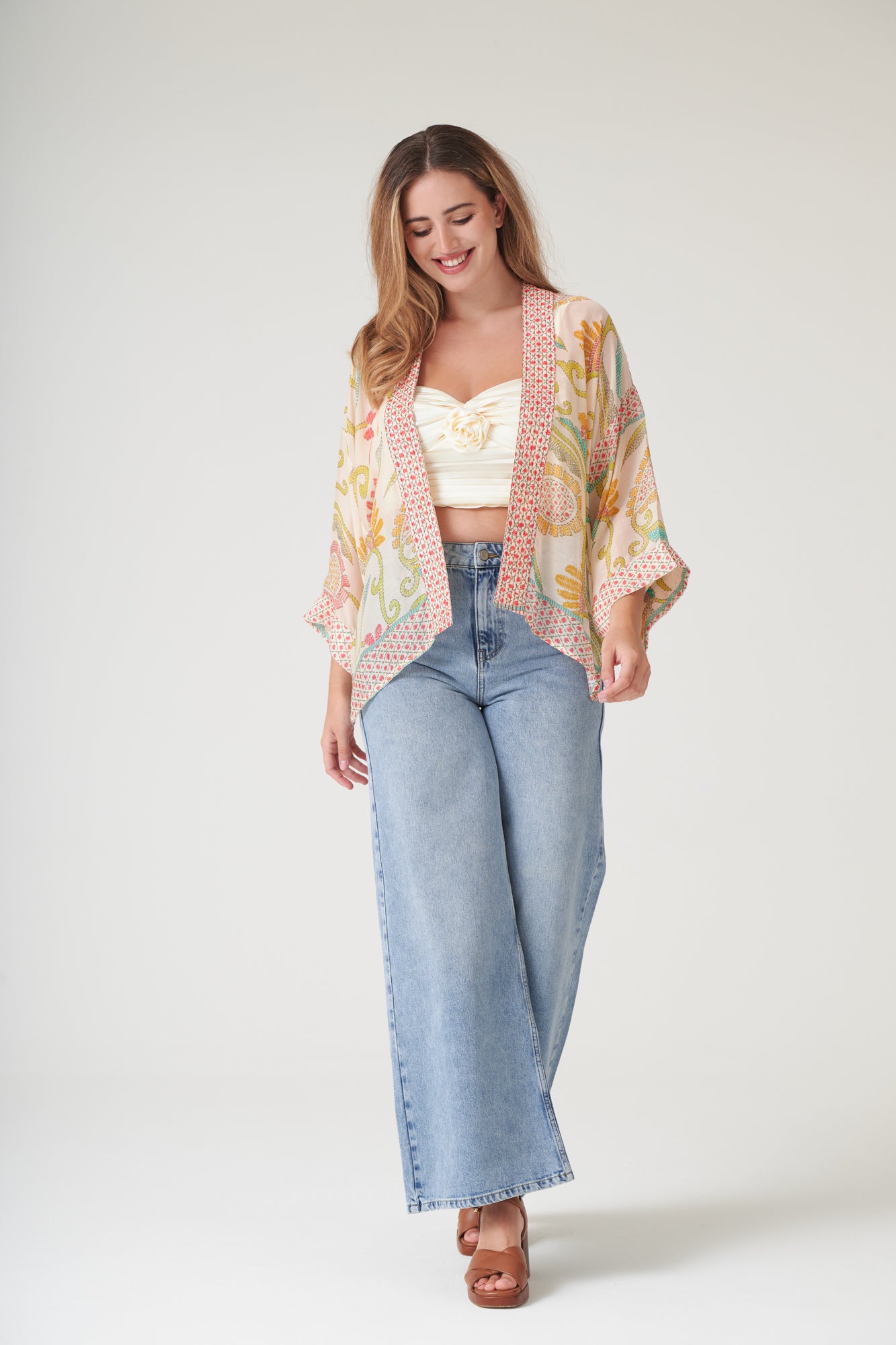 One Hundred Stars Giant Kantha Lime Kimono cream background lime print