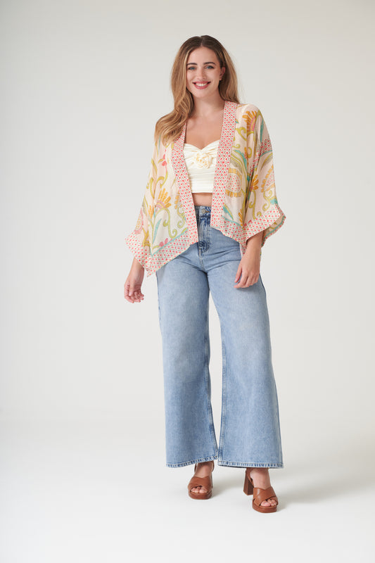 One Hundred Stars Giant Kantha Lime Kimono cream background lime print