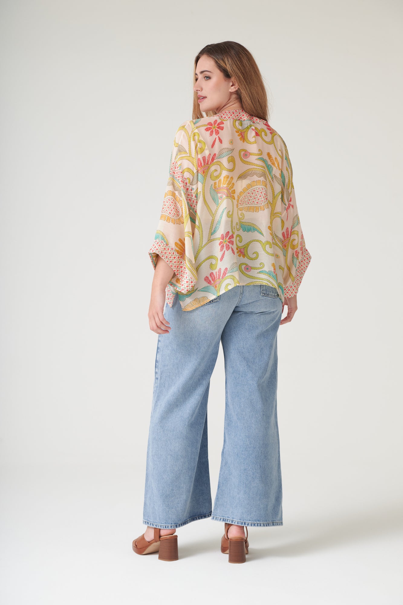 One Hundred Stars Giant Kantha Lime Kimono cream background lime print
