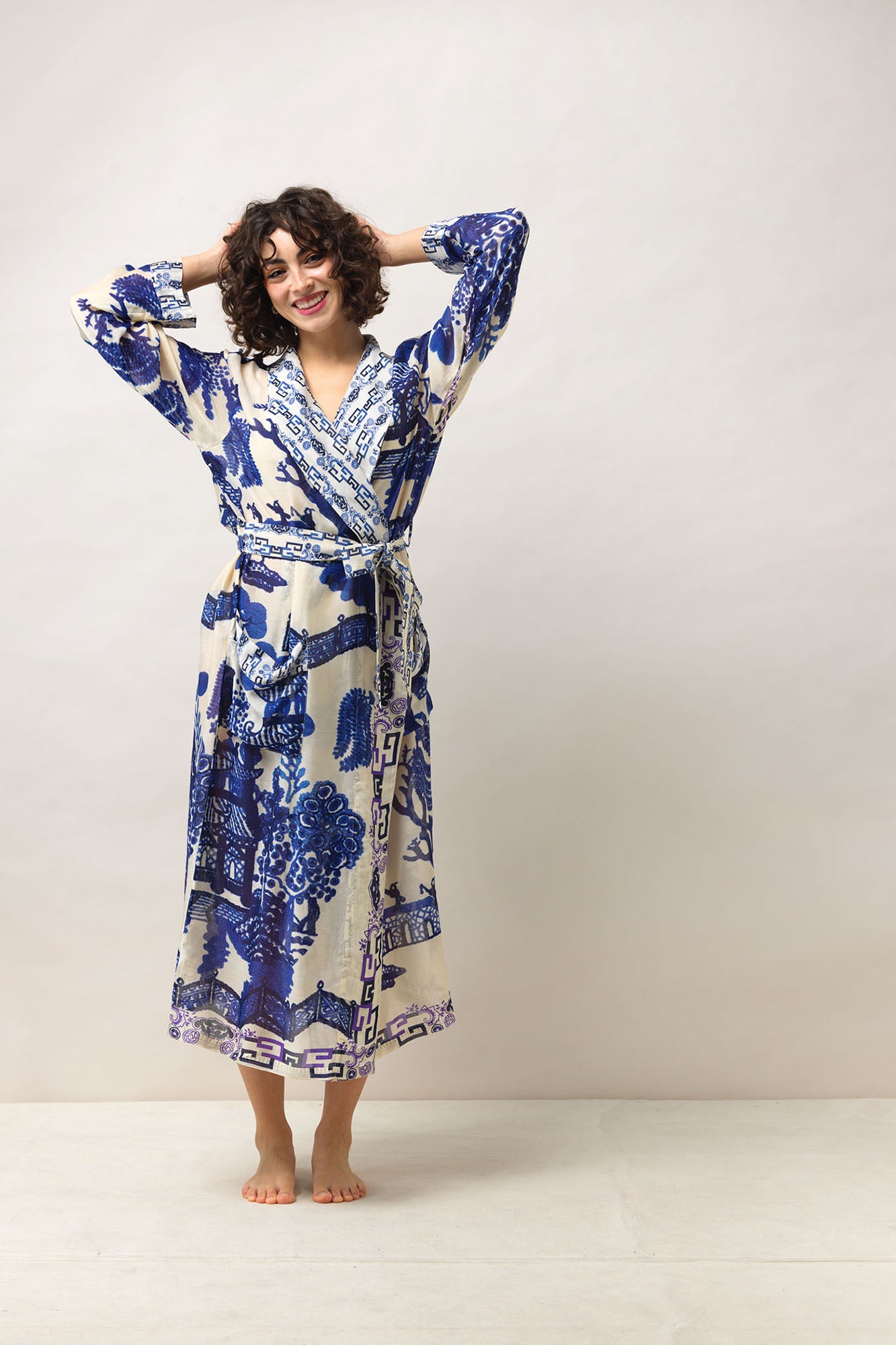 One Hundred Stars Giant Willow Blue Gown featuring an elegant willow print in soft blue tones.