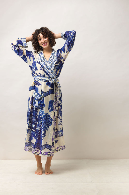 One Hundred Stars Giant Willow Blue Gown featuring an elegant willow print in soft blue tones.