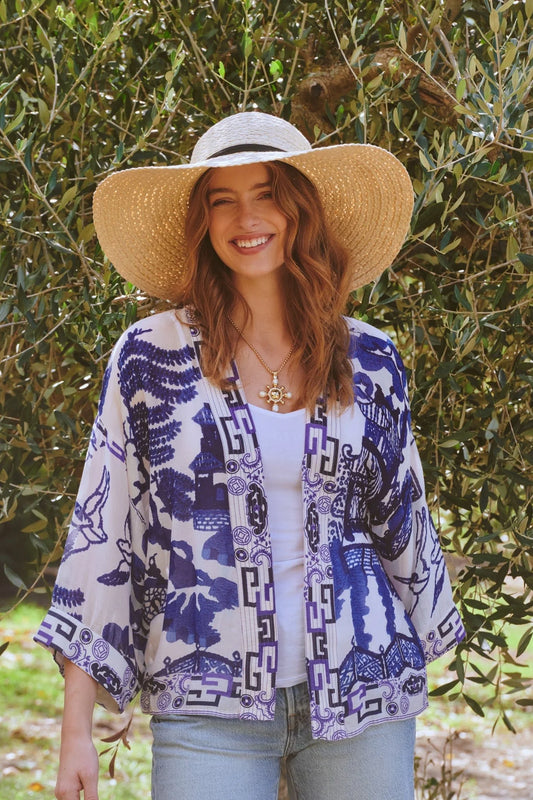 One Hundred Stars Giant Willow Blue Kimono featuring an elegant willow print in soft blue tones.