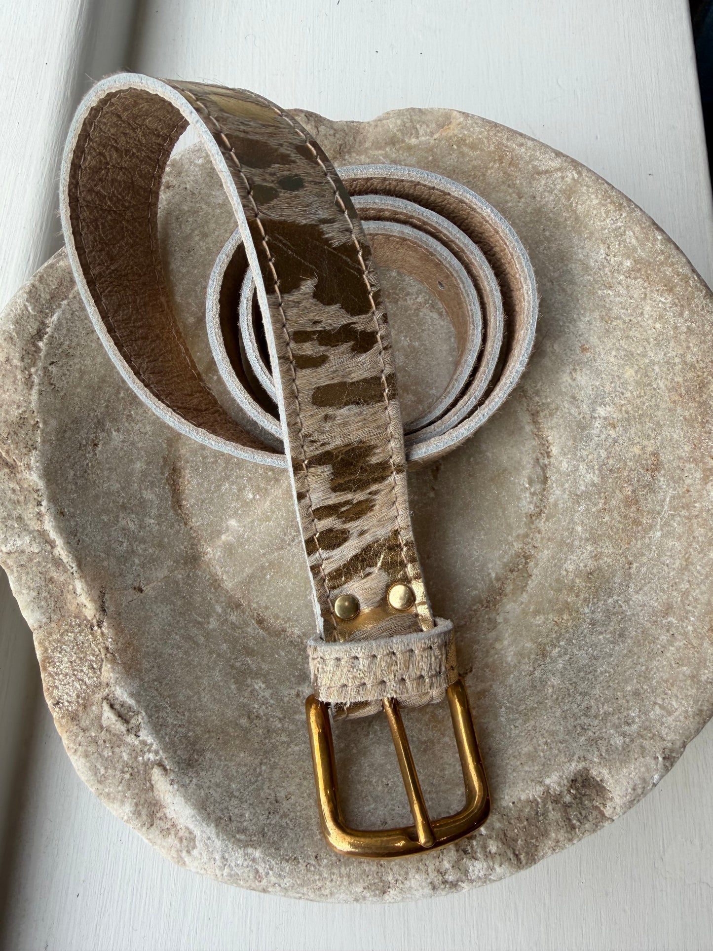 Gold Acid pony fur leather belt.  Cream with gold flecks on and gold buckle