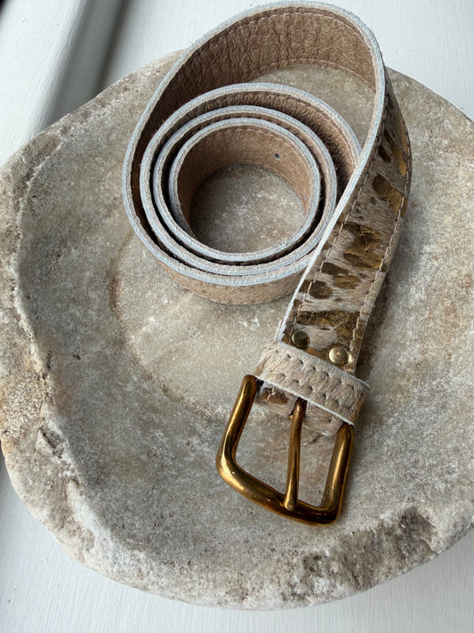 Gold Acid pony fur leather belt.  Cream with gold flecks on and gold buckle