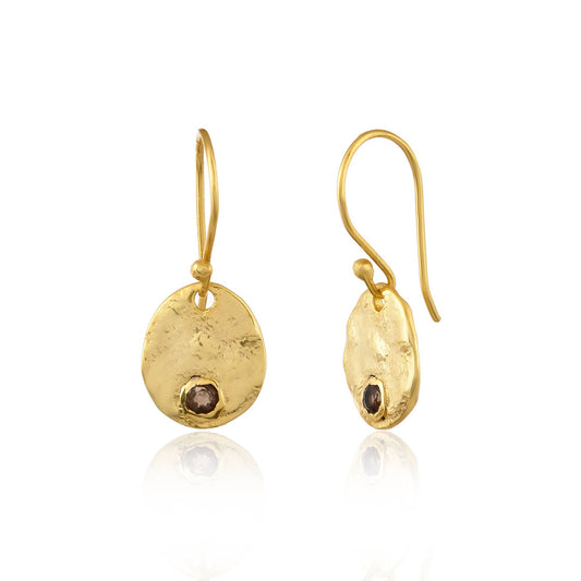Gold disc drop earring with semi-precious smoky quartz and hook fastening, 30mm length.
