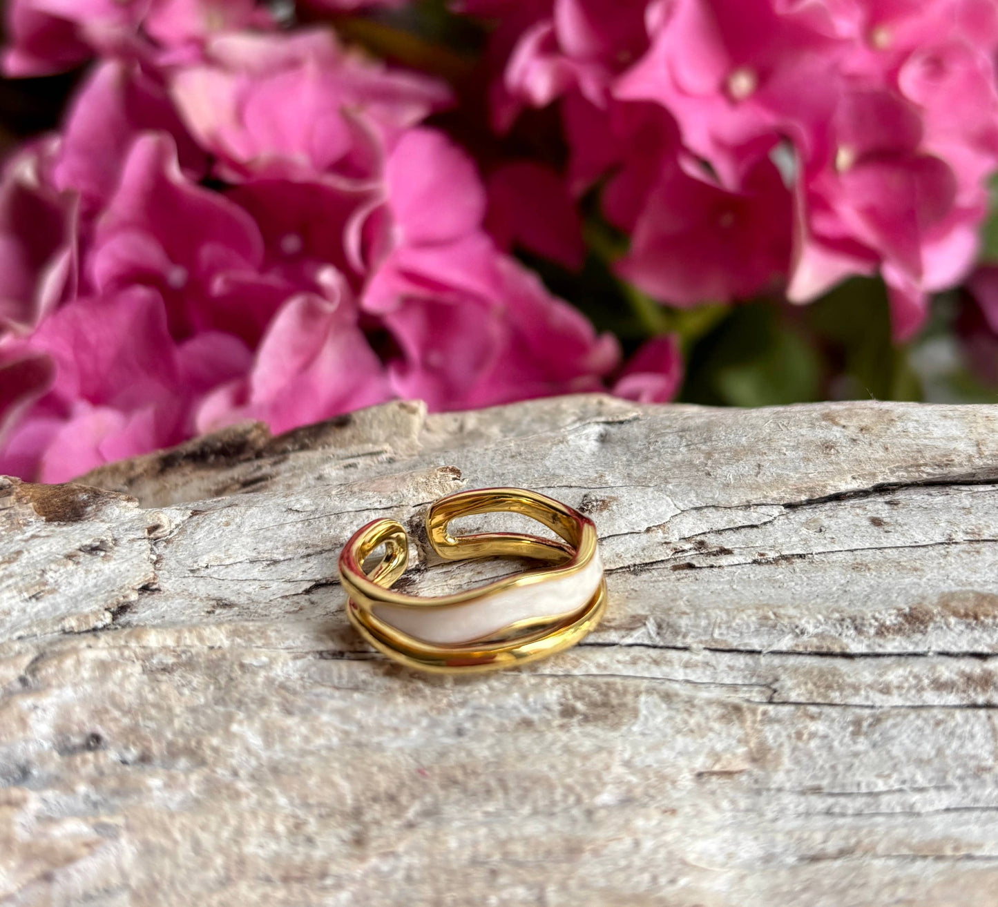 Ocean Ripples 14ct gold plated gold and ivory oil drip adjustable statement ring.