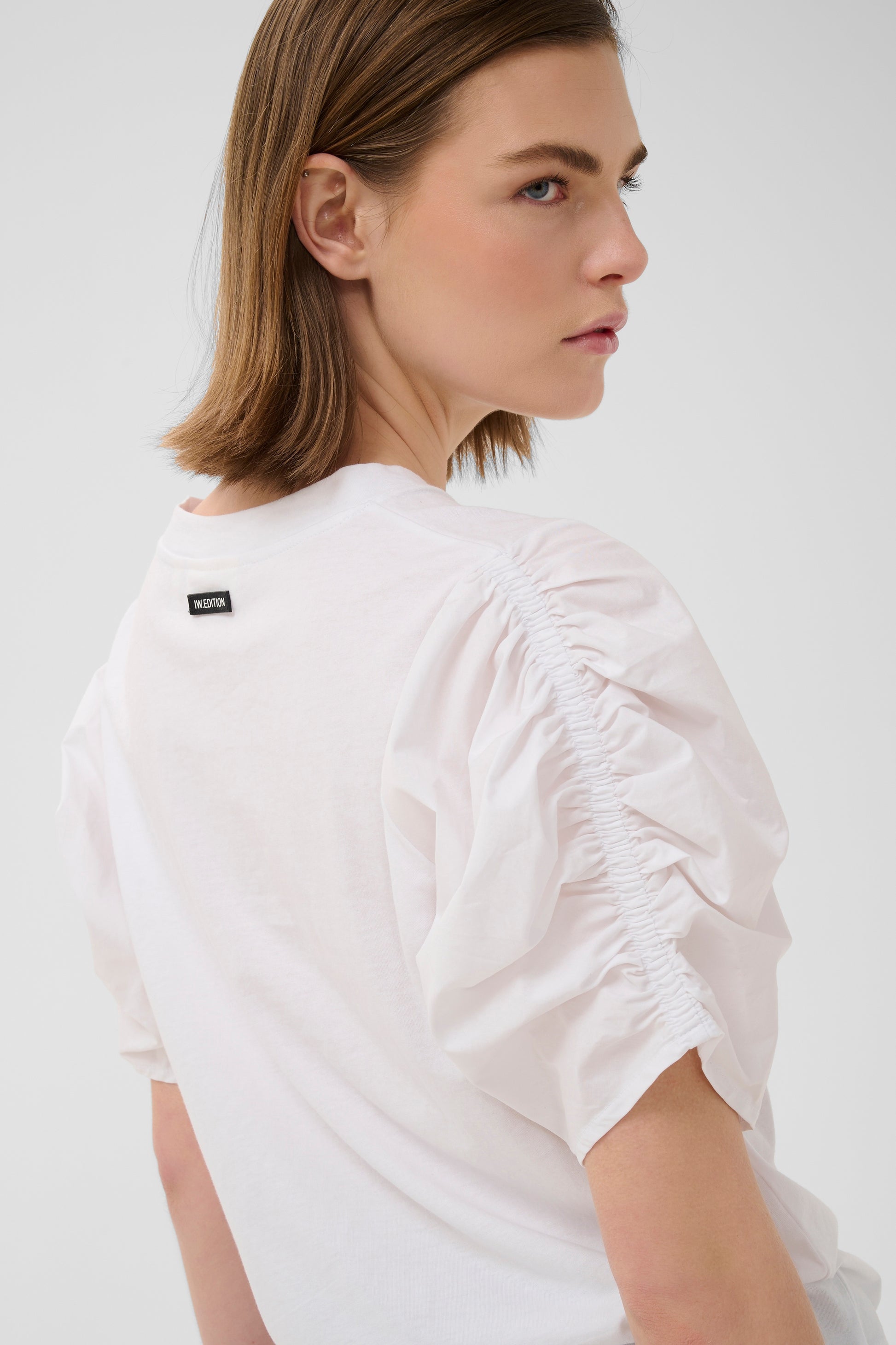 Inwear white v neck rouched sleeve gudrun tee