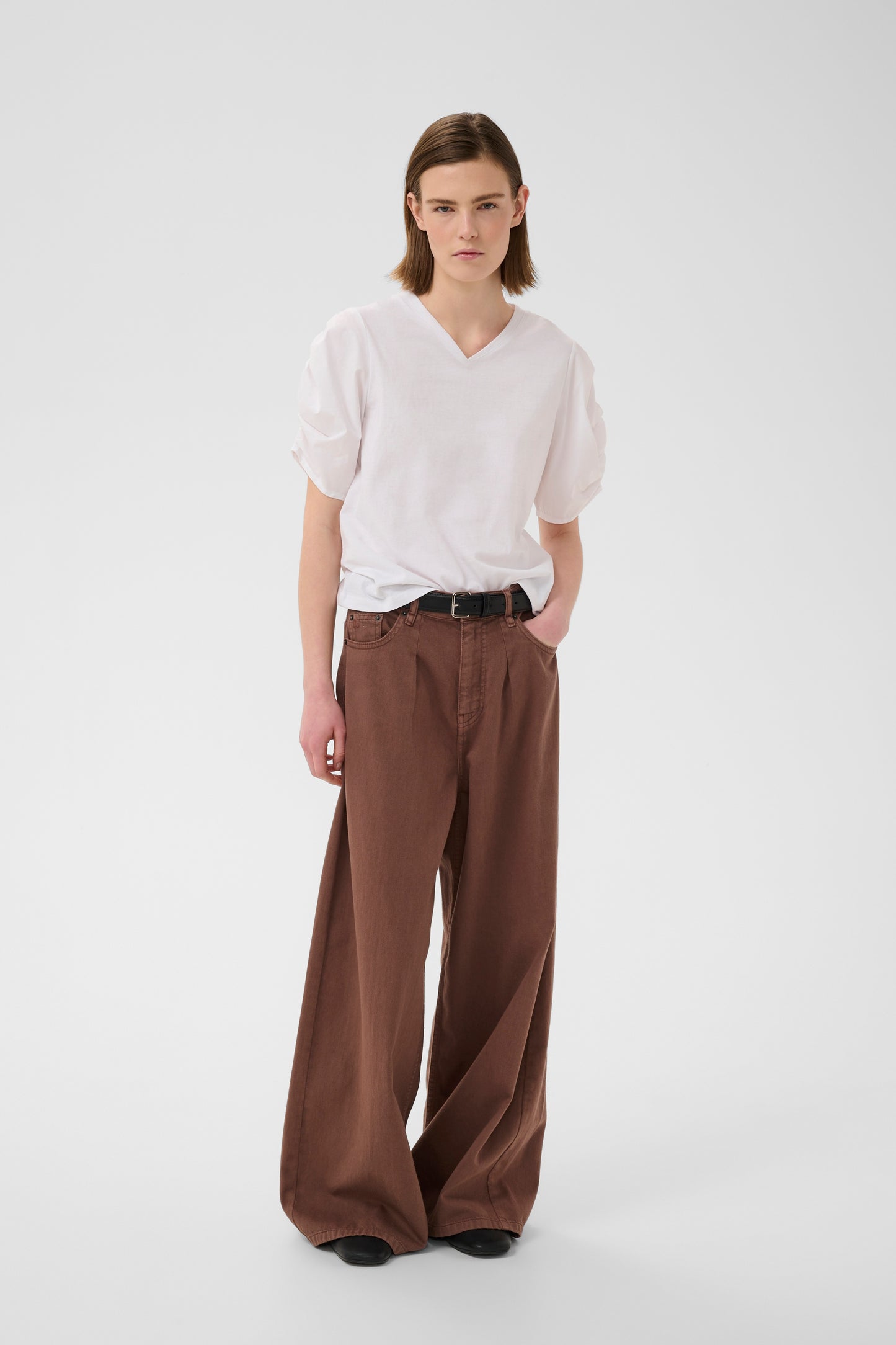 Inwear white v neck rouched sleeve gudrun tee