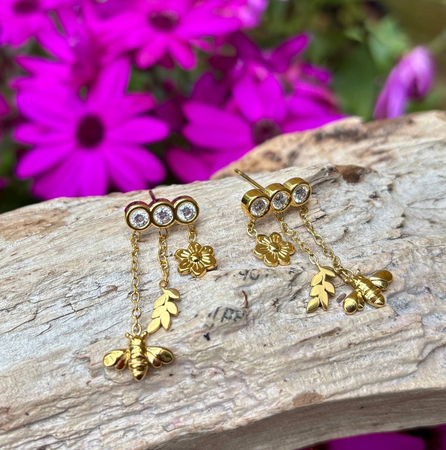 Ocean Ripples 18ct Gold Plated Cubic Zirconia Honeybee Charm Drop Earrings.