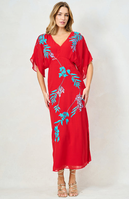 Hope and Ivy Inara Red Dress with Blue Embroidered Flowers
