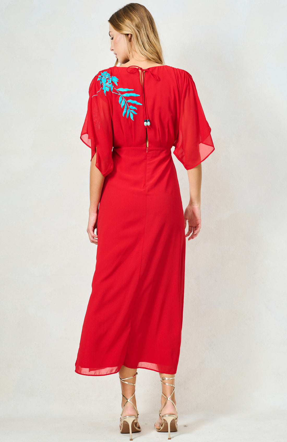 Hope and Ivy Inara Red Dress with Blue Embroidered Flowers back view